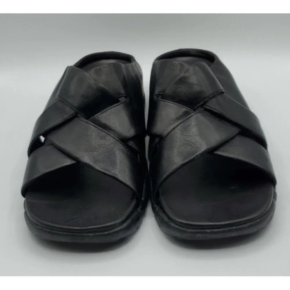 Cole Haan Black Leather Cross Strap Sandal Slides Sz 10.5 Men’s NikeAir Soles